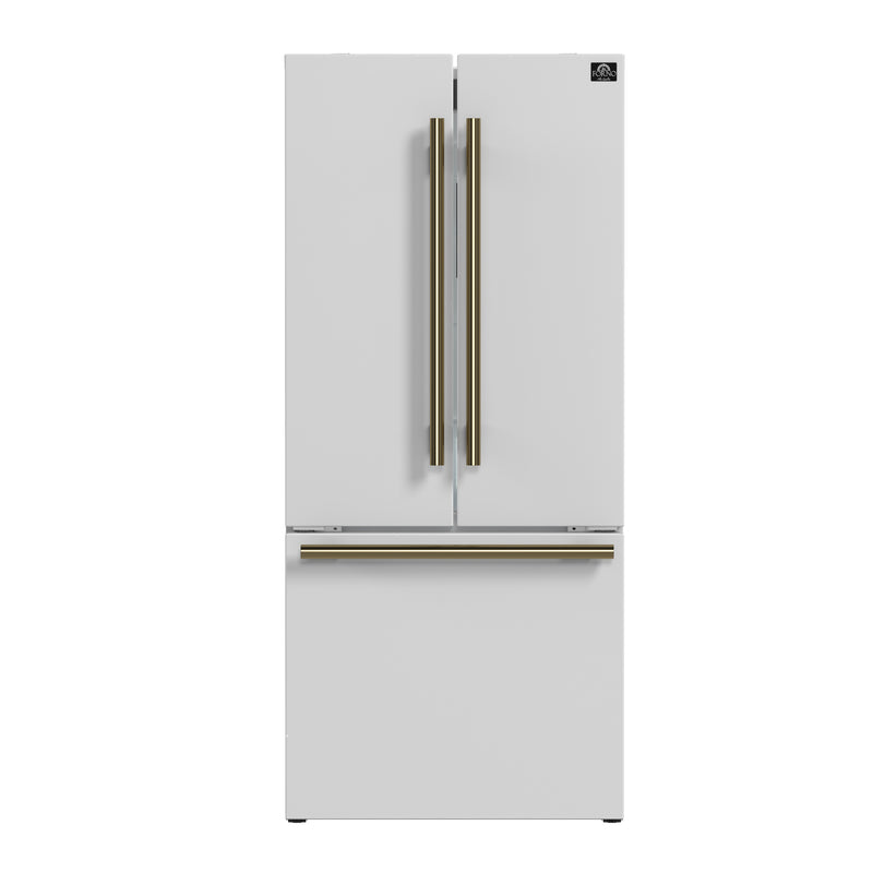 Forno Gallipoli 30" Freestanding French Door Refrigerator in White with 17.5 cu. ft. Capacity, Ice Maker, with Antique Brass Handles, FFFFD1974-31WHT