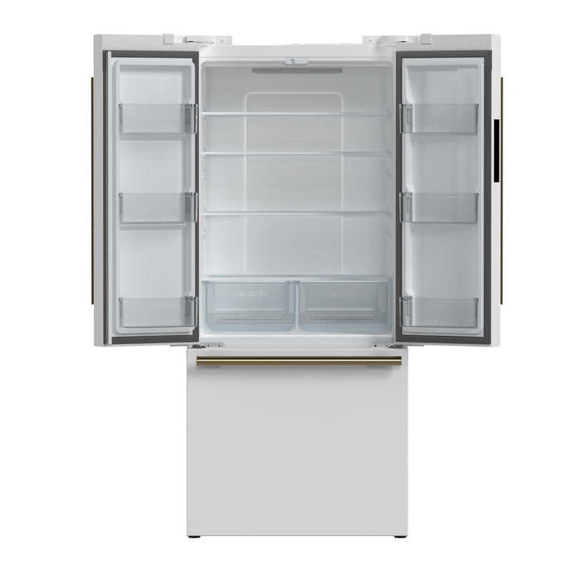 Forno Gallipoli 30" Freestanding French Door Refrigerator in White with 17.5 cu. ft. Capacity, Ice Maker, with Antique Brass Handles, FFFFD1974-31WHT