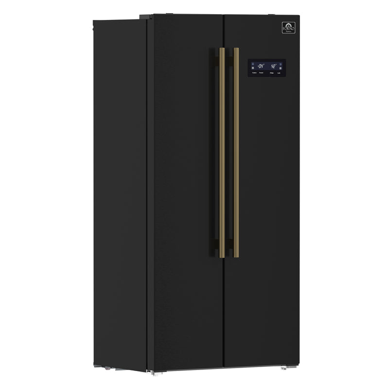 Forno Salerno Espresso 33" Freestanding Side-by-Side Refrigerator in Black, 15.6 cu.ft. Capacity with Antique Brass Handles, FFRBI1805-33BLK