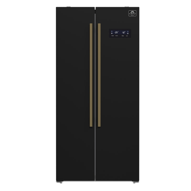Forno Salerno Espresso 33" Freestanding Side-by-Side Refrigerator in Black, 15.6 cu.ft. Capacity with Antique Brass Handles, FFRBI1805-33BLK