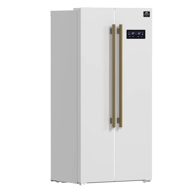 Forno Salerno Espresso 33" Freestanding Side-by-Side Refrigerator in White, 15.6 cu.ft. Capacity, Spill-Proof Shelves with Antique Brass Handles, FFRBI1805-33WHT