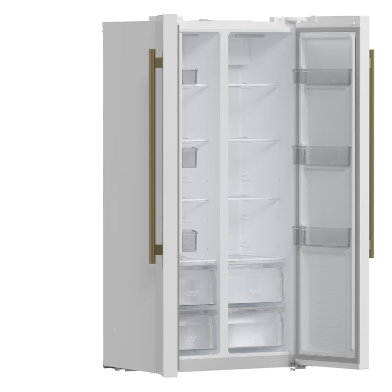 Forno Salerno Espresso 33" Freestanding Side-by-Side Refrigerator in White, 15.6 cu.ft. Capacity, Spill-Proof Shelves with Antique Brass Handles, FFRBI1805-33WHT
