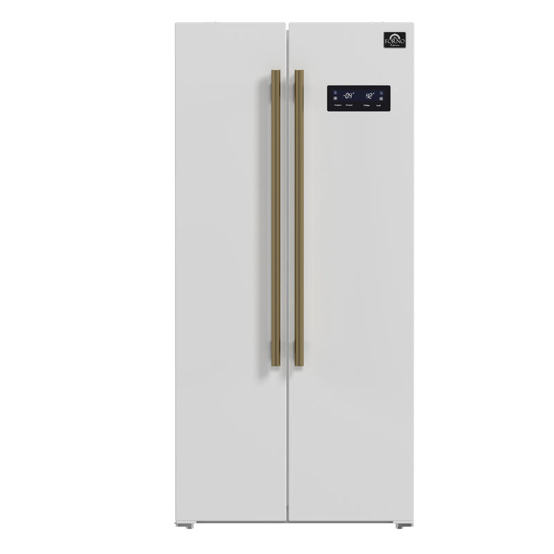 Forno Salerno Espresso 33" Freestanding Side-by-Side Refrigerator in White, 15.6 cu.ft. Capacity, Spill-Proof Shelves with Antique Brass Handles, FFRBI1805-33WHT