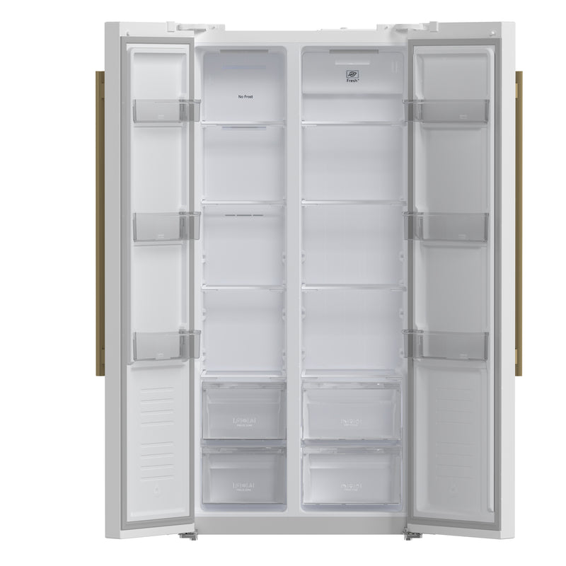 Forno Salerno Espresso 33" Freestanding Side-by-Side Refrigerator in White, 15.6 cu.ft. Capacity, Spill-Proof Shelves with Antique Brass Handles, FFRBI1805-33WHT