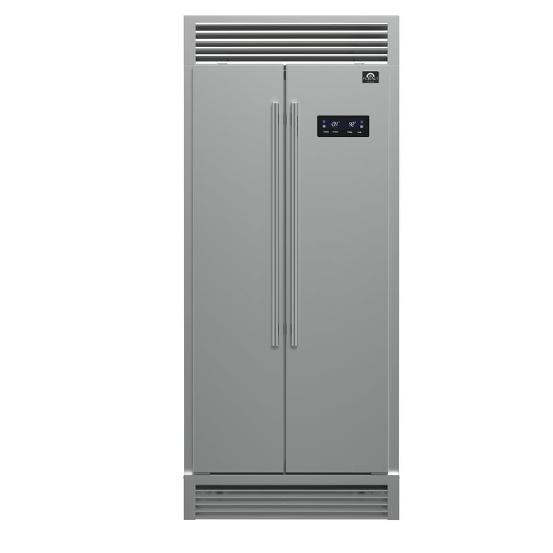Forno Salerno 33" Built-in Side-by-Side Refrigerator in Stainless Steel, 15.6 cu.ft., Fast Cool & Fast Freeze, with Stainless Steel Handles, FFRBI1805-37SG