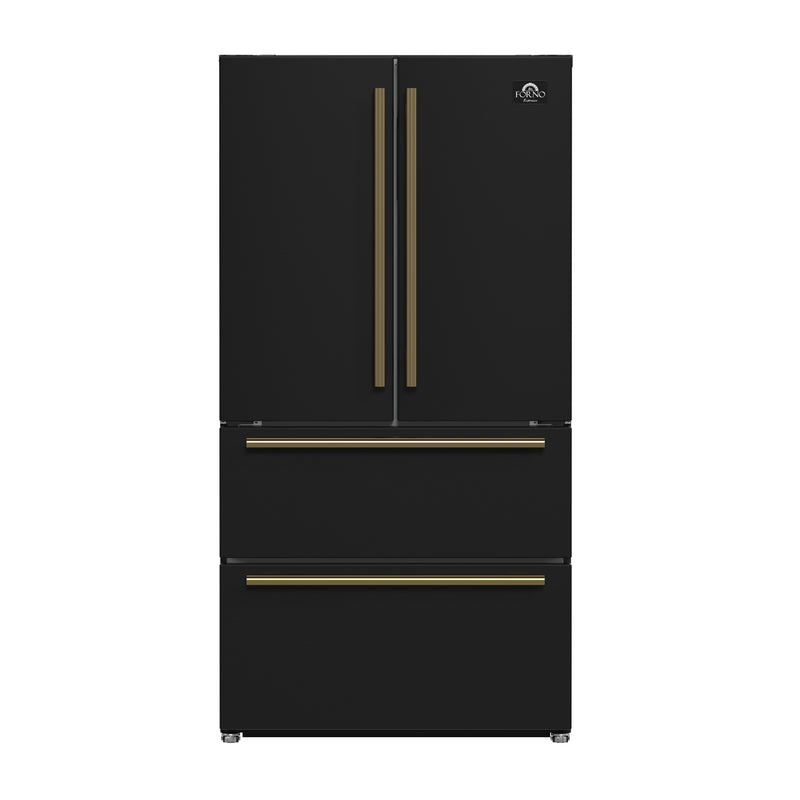 Forno Moena Espresso 36" Freestanding French Door Refrigerator in Black, 19.2 Cu.ft Capacity with Antique Brass Handle, FFRBI1820-36BLK