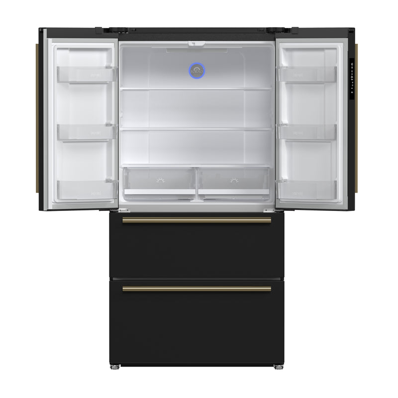 Forno Moena Espresso 36" Freestanding French Door Refrigerator in Black, 19.2 Cu.ft Capacity with Antique Brass Handle, FFRBI1820-36BLK