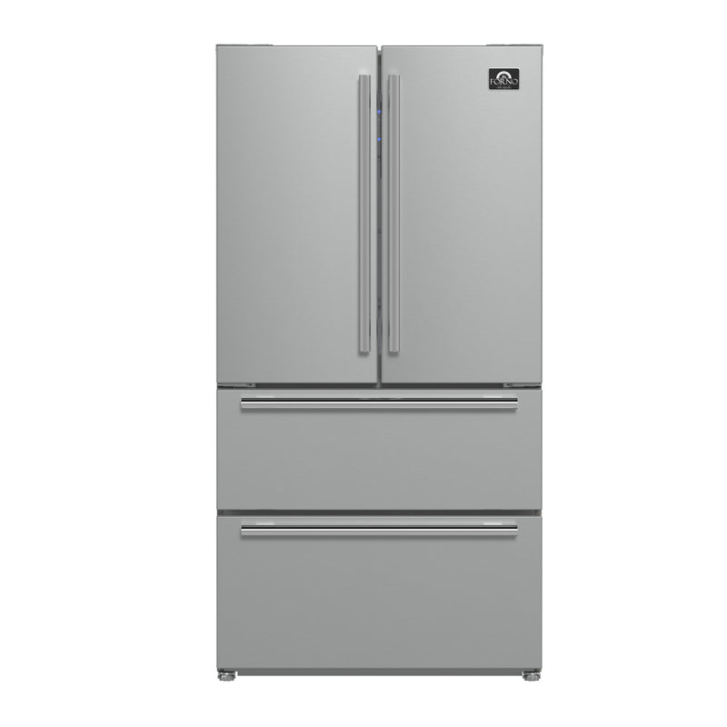 Forno Moena 36" Freestanding French Door Refrigerator in Stainless Steel, 19 cu.ft Capacity, Ice Maker, with Stainless Steel Handles, FFRBI1820-36SB