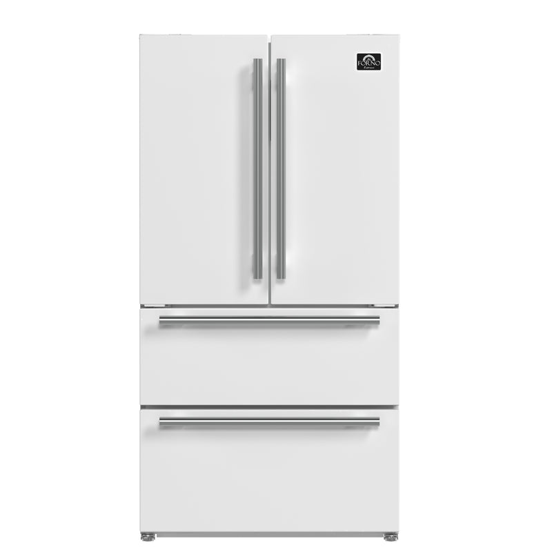 Forno Moena Espresso 36" Freestanding French Door Refrigerator in White with 19.2 Cu.ft Capacity, Ice Maker, with Stainless Steel Handles, FFRBI1820-36WHT