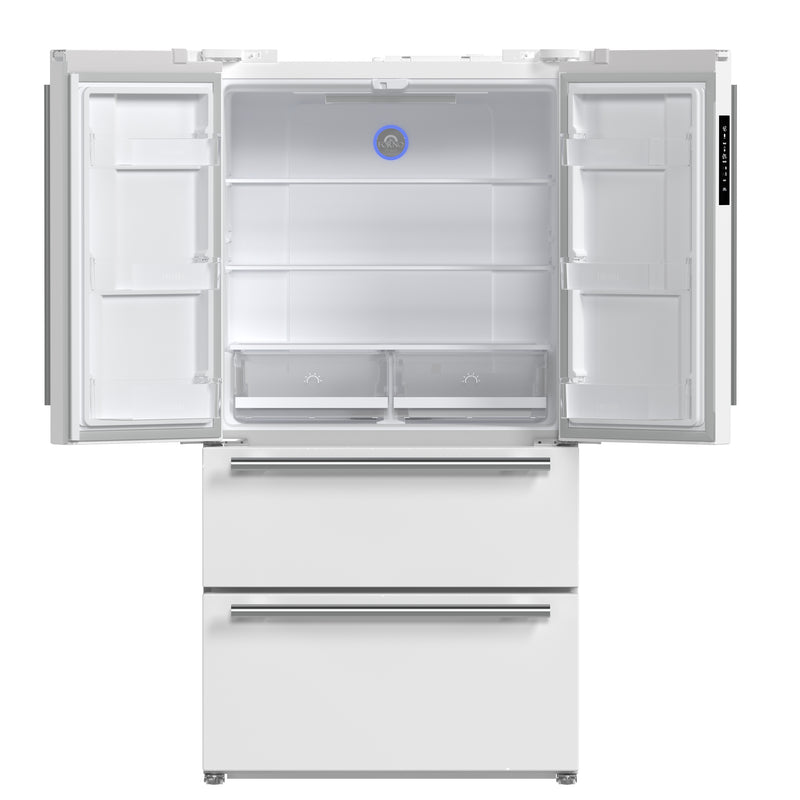 Forno Moena Espresso 36" Freestanding French Door Refrigerator in White with 19.2 Cu.ft Capacity, Ice Maker, with Stainless Steel Handles, FFRBI1820-36WHT