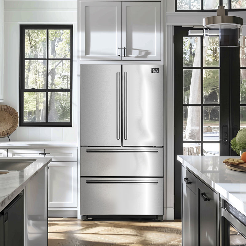 Forno Moena 36" Freestanding French Door Refrigerator in Stainless Steel, 19 cu.ft Capacity, Ice Maker, with Stainless Steel Handles, FFRBI1820-36SB
