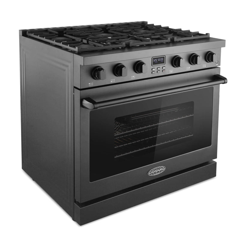 Cosmo 36" Lumin Collection 6.0 cu. ft. Freestanding Gas Range in Matte Black, Convection Oven, 6 Sealed Burners, COS-GRC366KB-BK