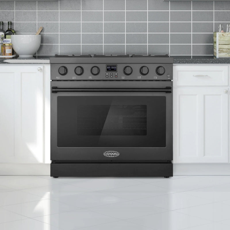 Cosmo 36" Lumin Collection 6.0 cu. ft. Freestanding Gas Range in Matte Black, Convection Oven, 6 Sealed Burners, COS-GRC366KB-BK
