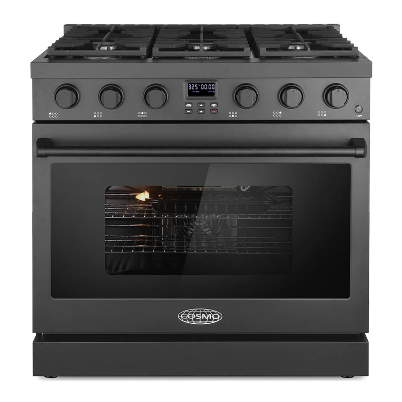 Cosmo 36" Lumin Collection 6.0 cu. ft. Freestanding Gas Range in Matte Black, Convection Oven, 6 Sealed Burners, COS-GRC366KB-BK