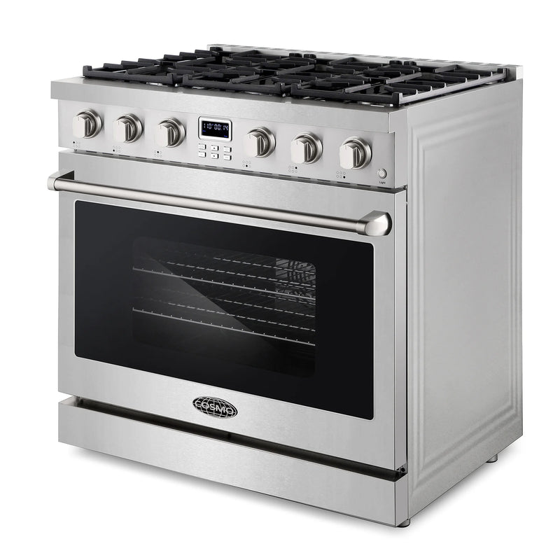 Cosmo 36" Lumin Collection 6.0 cu. ft. Freestanding Gas Range in Stainless Steel, Convection Oven, 6 Sealed Burners, COS-GRC366KB
