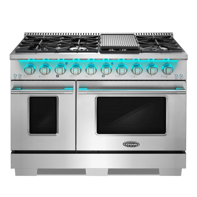 Cosmo 48" Vista Collection 5.5 cu. ft. Freestanding Double Oven Gas Range in Stainless Steel, 8 Sealed Burners, LED Panel, COS-GRP486G