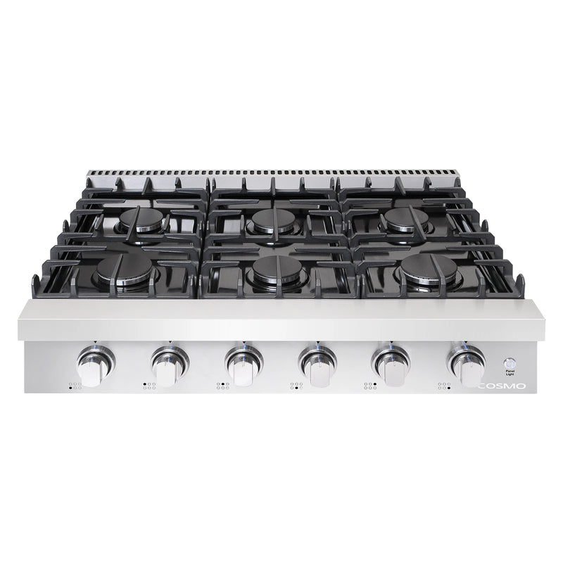 Cosmo 36" Gas Cooktop, 6 Sealed Burners, 18,000 BTU Dual Ring Burner, Cast Iron Grates, COS-GRT366