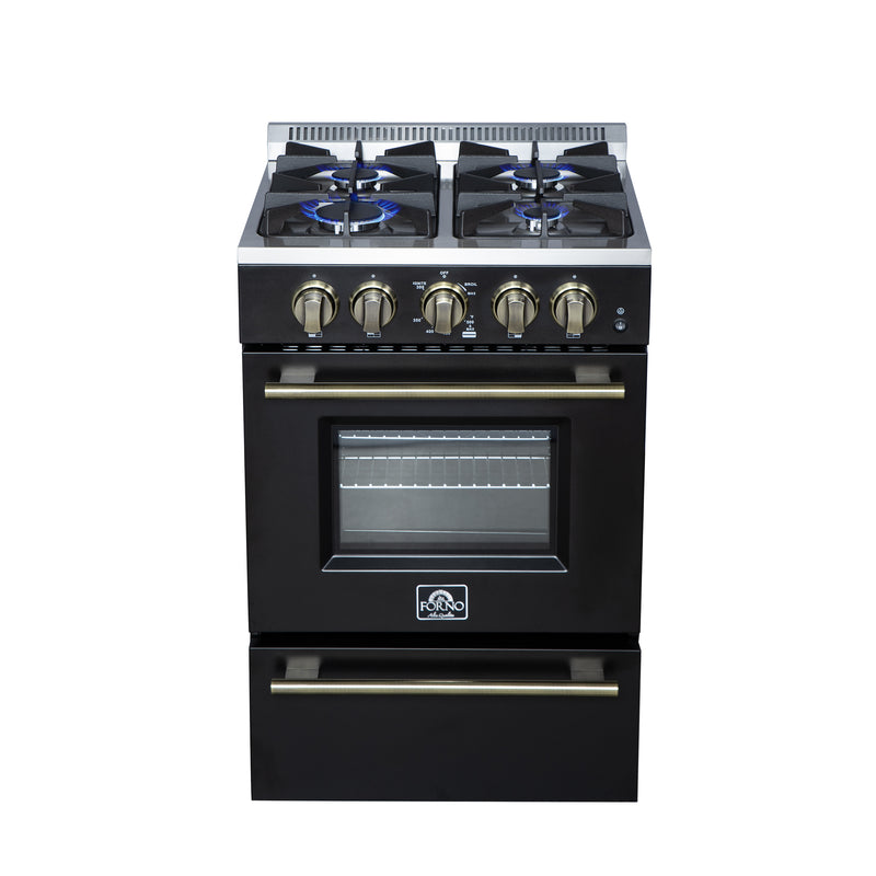 Forno Breno 24" Freestanding Gas Range in Black, Air Fry, 4 Burners, with Antique Brass Handles, FFSGS6272-24BLK
