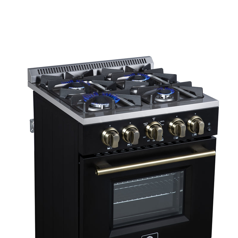 Forno Breno 24" Freestanding Gas Range in Black, Air Fry, 4 Burners, with Antique Brass Handles, FFSGS6272-24BLK