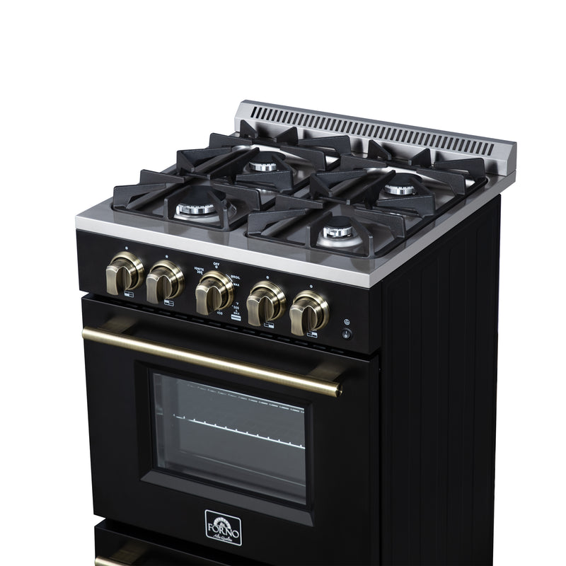 Forno Breno 24" Freestanding Gas Range in Black, Air Fry, 4 Burners, with Antique Brass Handles, FFSGS6272-24BLK