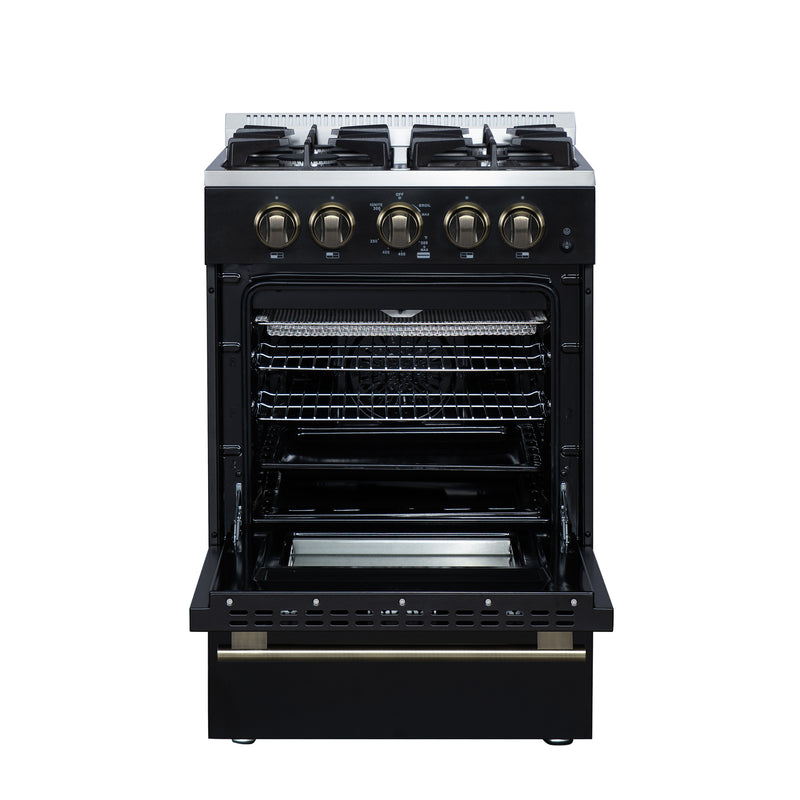 Forno Breno 24" Freestanding Gas Range in Black, Air Fry, 4 Burners, with Antique Brass Handles, FFSGS6272-24BLK