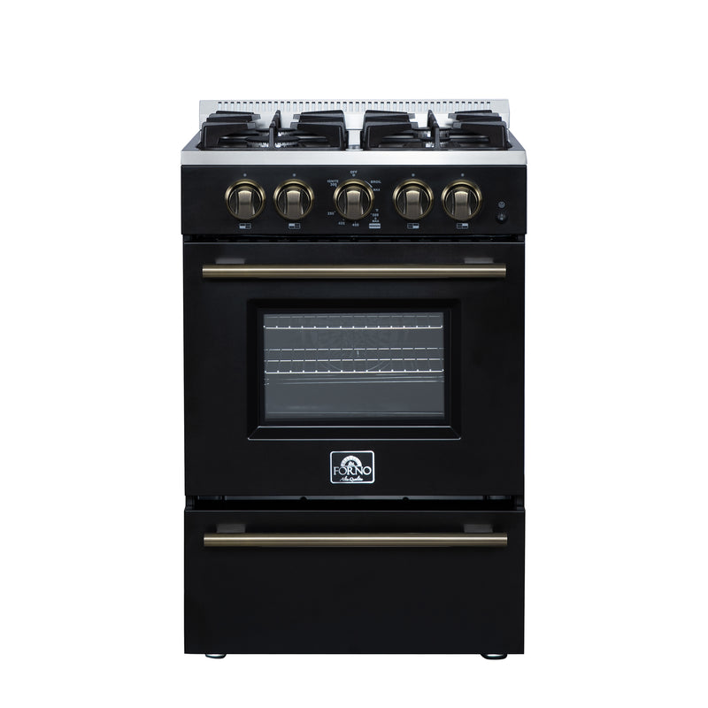 Forno Breno 24" Freestanding Gas Range in Black, Air Fry, 4 Burners, with Antique Brass Handles, FFSGS6272-24BLK