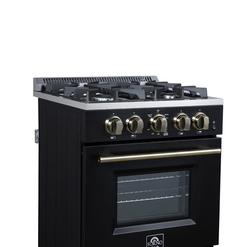 Forno Breno 24" Freestanding Gas Range in Black, Air Fry, 4 Burners, with Antique Brass Handles, FFSGS6272-24BLK