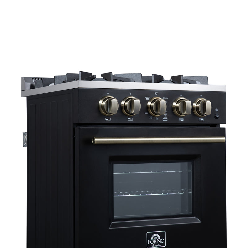Forno Breno 24" Freestanding Gas Range in Black, Air Fry, 4 Burners, with Antique Brass Handles, FFSGS6272-24BLK