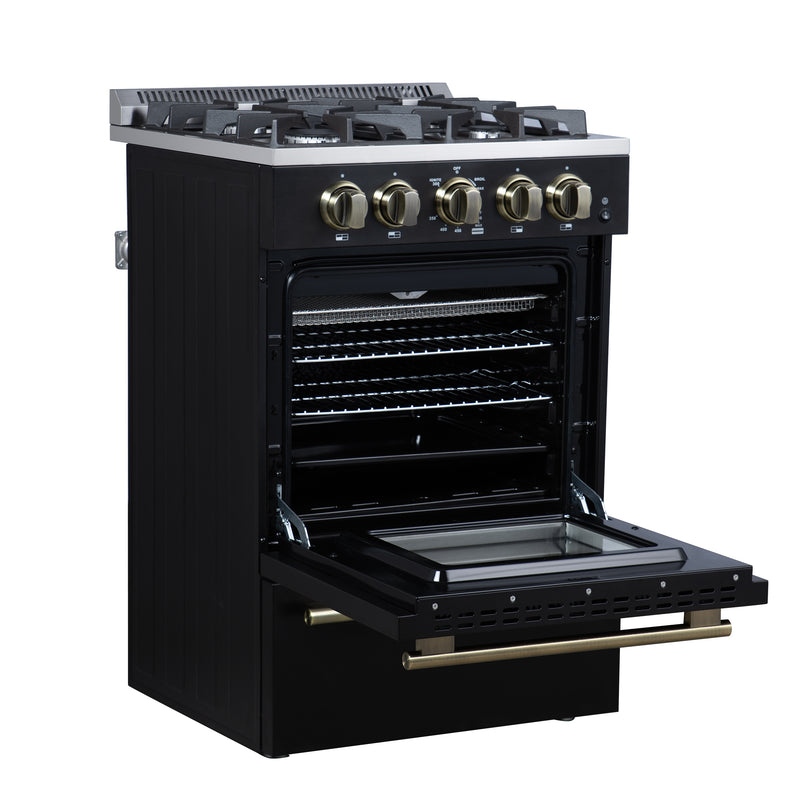 Forno Breno 24" Freestanding Gas Range in Black, Air Fry, 4 Burners, with Antique Brass Handles, FFSGS6272-24BLK