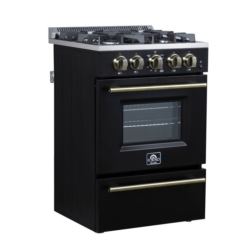 Forno Breno 24" Freestanding Gas Range in Black, Air Fry, 4 Burners, with Antique Brass Handles, FFSGS6272-24BLK