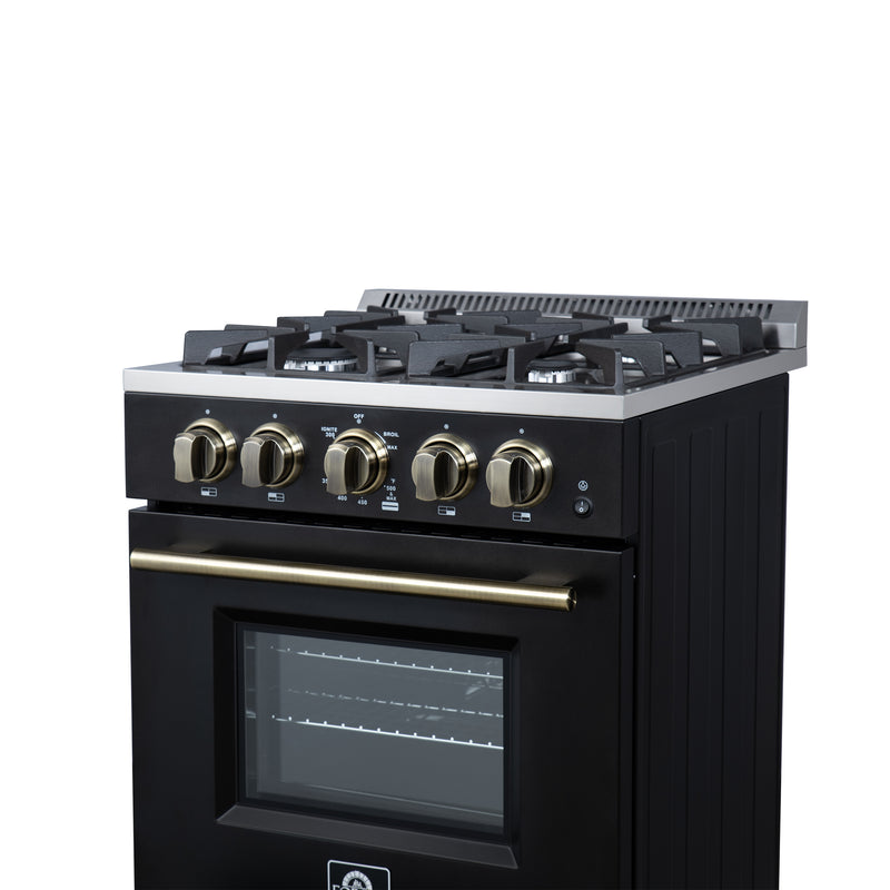 Forno Breno 24" Freestanding Gas Range in Black, Air Fry, 4 Burners, with Antique Brass Handles, FFSGS6272-24BLK