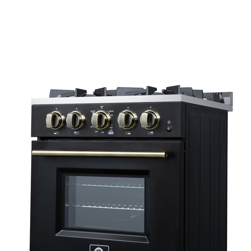 Forno Breno 24" Freestanding Gas Range in Black, Air Fry, 4 Burners, with Antique Brass Handles, FFSGS6272-24BLK