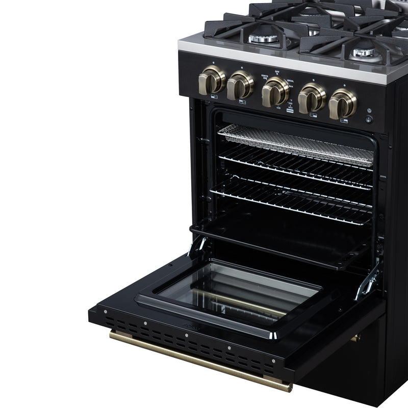 Forno Breno 24" Freestanding Gas Range in Black, Air Fry, 4 Burners, with Antique Brass Handles, FFSGS6272-24BLK