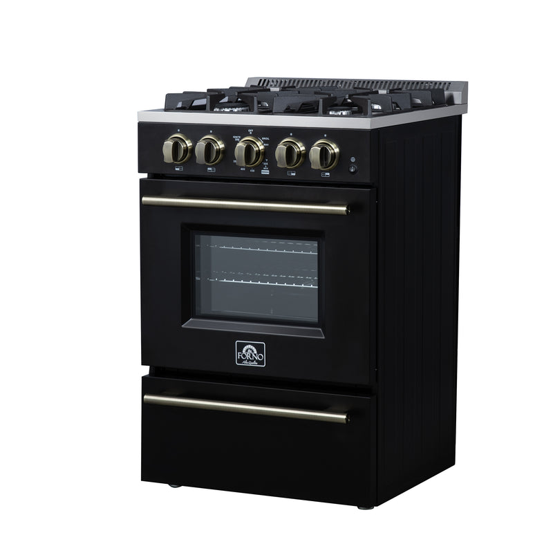 Forno Breno 24" Freestanding Gas Range in Black, Air Fry, 4 Burners, with Antique Brass Handles, FFSGS6272-24BLK