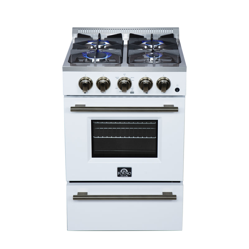 Forno Breno 24" Freestanding Gas Range in White, Air Fry, 4 Burners, with Antique Brass Handles, FFSGS6272-24WHT