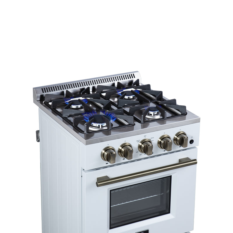 Forno Breno 24" Freestanding Gas Range in White, Air Fry, 4 Burners, with Antique Brass Handles, FFSGS6272-24WHT