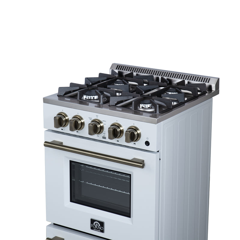 Forno Breno 24" Freestanding Gas Range in White, Air Fry, 4 Burners, with Antique Brass Handles, FFSGS6272-24WHT