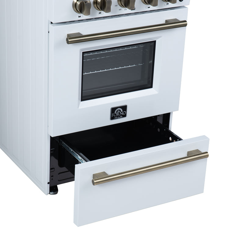 Forno Breno 24" Freestanding Gas Range in White, Air Fry, 4 Burners, with Antique Brass Handles, FFSGS6272-24WHT
