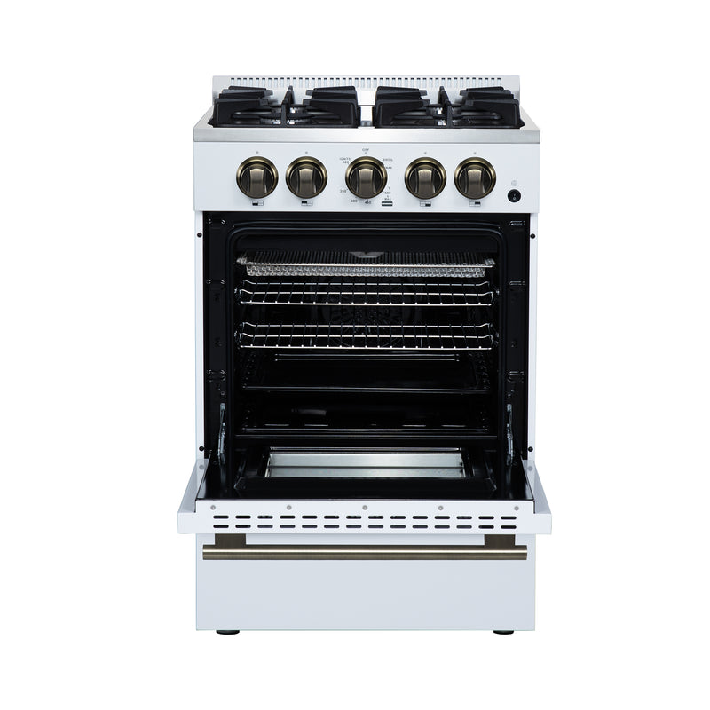 Forno Breno 24" Freestanding Gas Range in White, Air Fry, 4 Burners, with Antique Brass Handles, FFSGS6272-24WHT