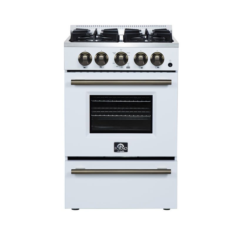 Forno Breno 24" Freestanding Gas Range in White, Air Fry, 4 Burners, with Antique Brass Handles, FFSGS6272-24WHT