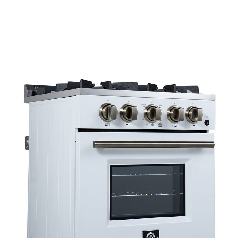 Forno Breno 24" Freestanding Gas Range in White, Air Fry, 4 Burners, with Antique Brass Handles, FFSGS6272-24WHT