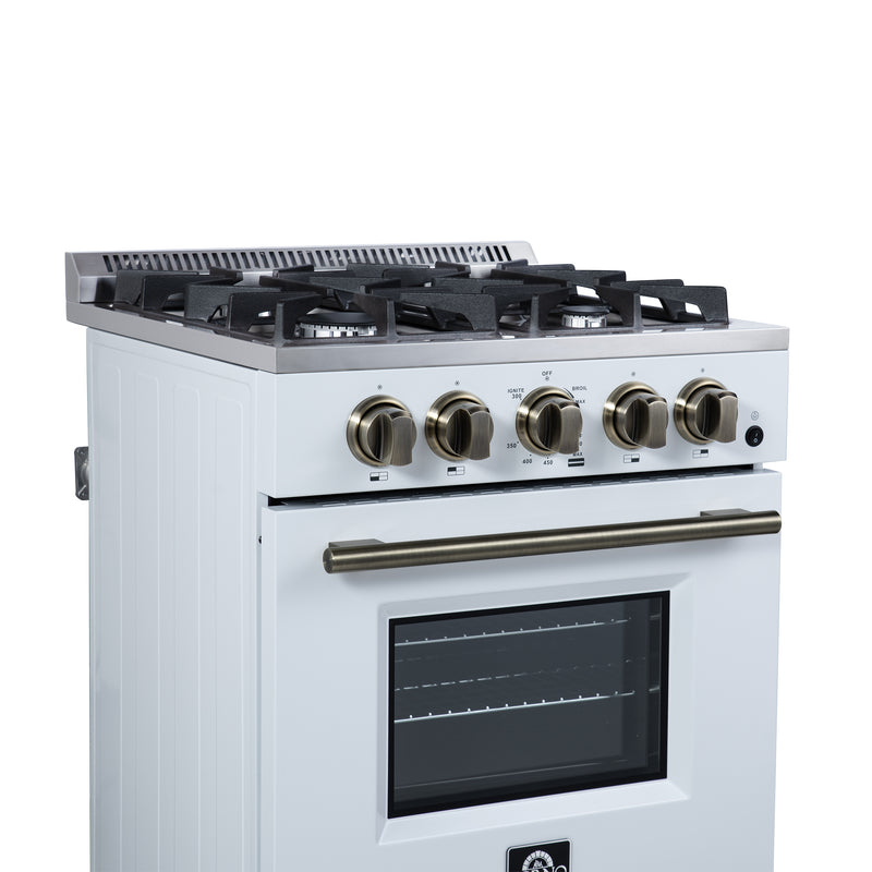 Forno Breno 24" Freestanding Gas Range in White, Air Fry, 4 Burners, with Antique Brass Handles, FFSGS6272-24WHT