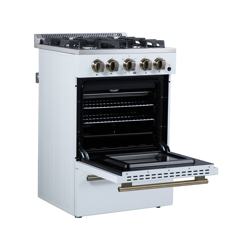 Forno Breno 24" Freestanding Gas Range in White, Air Fry, 4 Burners, with Antique Brass Handles, FFSGS6272-24WHT