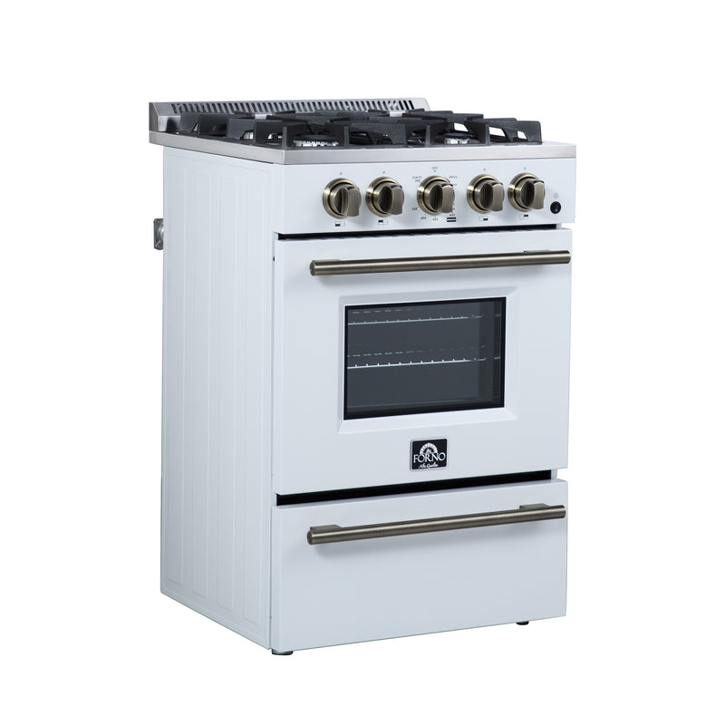 Forno Breno 24" Freestanding Gas Range in White, Air Fry, 4 Burners, with Antique Brass Handles, FFSGS6272-24WHT
