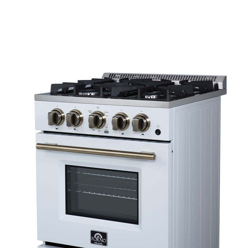 Forno Breno 24" Freestanding Gas Range in White, Air Fry, 4 Burners, with Antique Brass Handles, FFSGS6272-24WHT