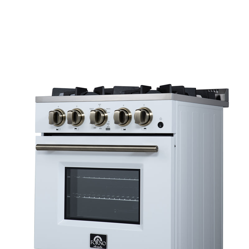 Forno Breno 24" Freestanding Gas Range in White, Air Fry, 4 Burners, with Antique Brass Handles, FFSGS6272-24WHT