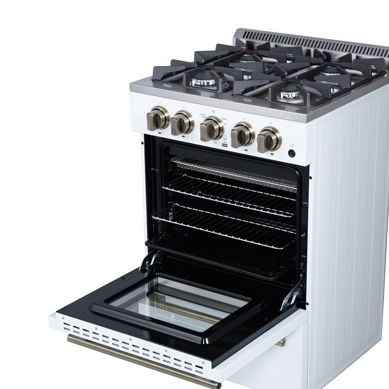 Forno Breno 24" Freestanding Gas Range in White, Air Fry, 4 Burners, with Antique Brass Handles, FFSGS6272-24WHT