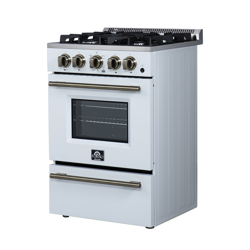 Forno Breno 24" Freestanding Gas Range in White, Air Fry, 4 Burners, with Antique Brass Handles, FFSGS6272-24WHT