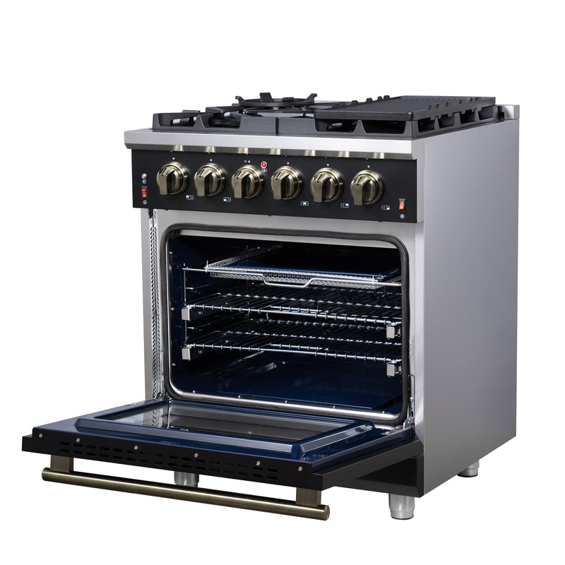 Forno Massimo 30" Freestanding Gas Range in Black, 5 Sealed Burners, Air Fry, True Convection, FFSGS6239-30BLK