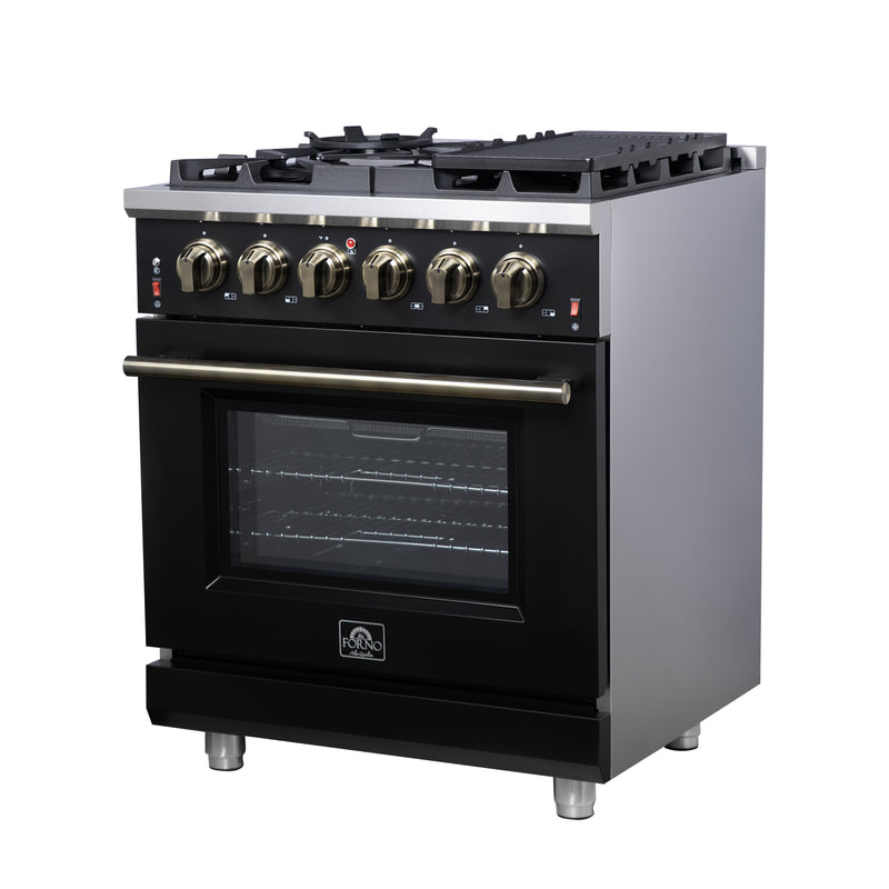 Forno Massimo 30" Freestanding Gas Range in Black, 5 Sealed Burners, Air Fry, True Convection, FFSGS6239-30BLK